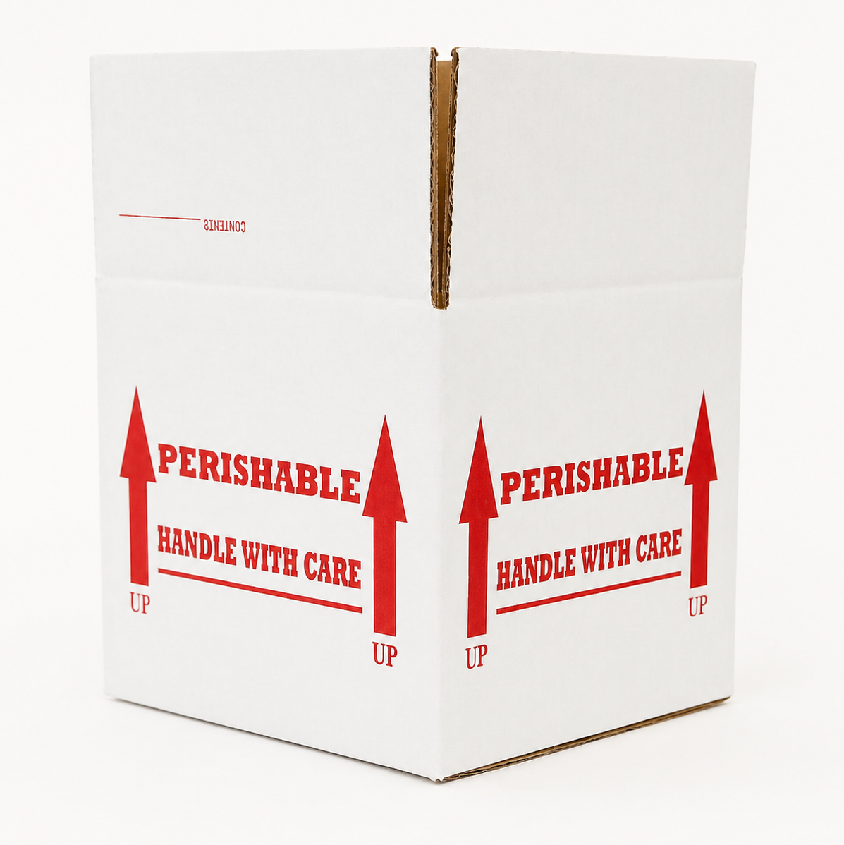 A white box on a White Background, with the words "Perishable Handle with Care" and 2 Arrows pointing Up. Words are written in red. 
