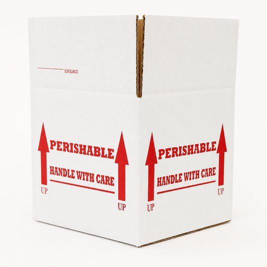 A white box on a White Background, with the words "Perishable Handle with Care" and 2 Arrows pointing Up. Words are written in red. 
