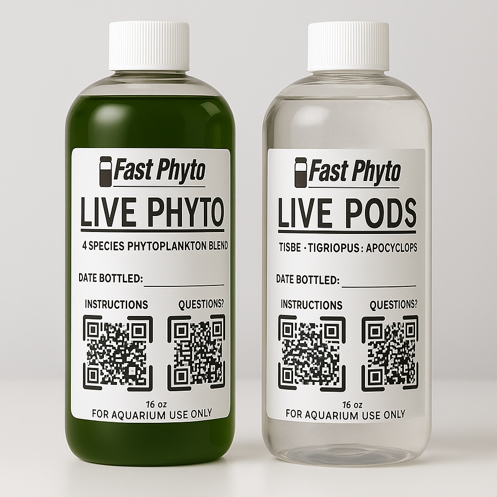 Two bottles of Fast Phyto Live Phyto and Live Pods with labels and QR codes on a white background.