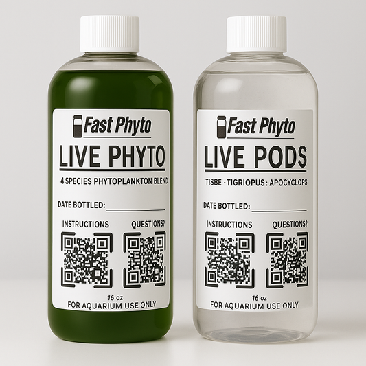 Two bottles of Fast Phyto Live Phyto and Live Pods with labels and QR codes on a white background.