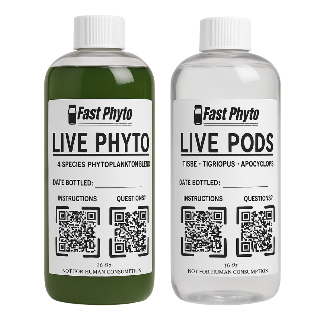 Two bottles of Fast Phyto Live Phyto and Live Pods products on a white background