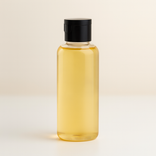 Clear bottle with black cap containing a yellow liquid on a beige background