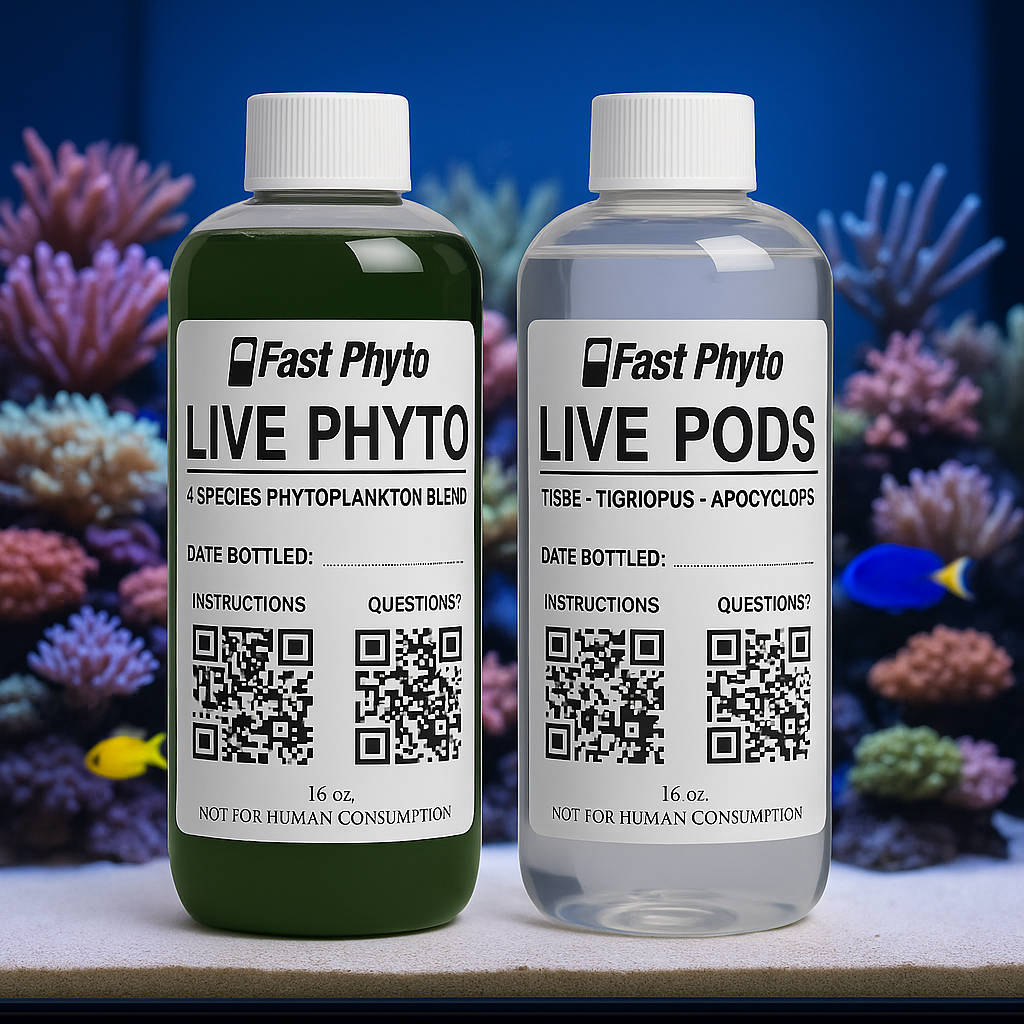 Two bottles of Fast Phyto Live Phyto and Live Pods with a aquarium background.