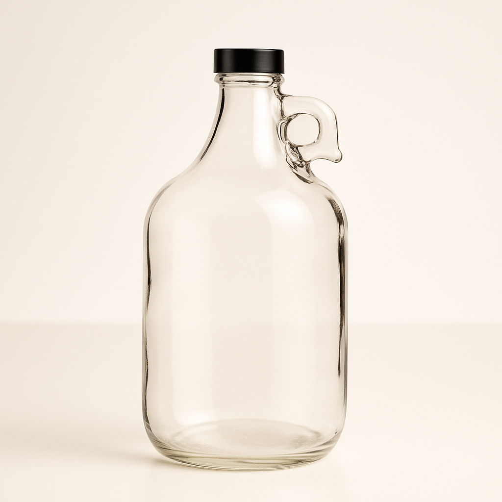 Clear glass growler with black lid on a beige background