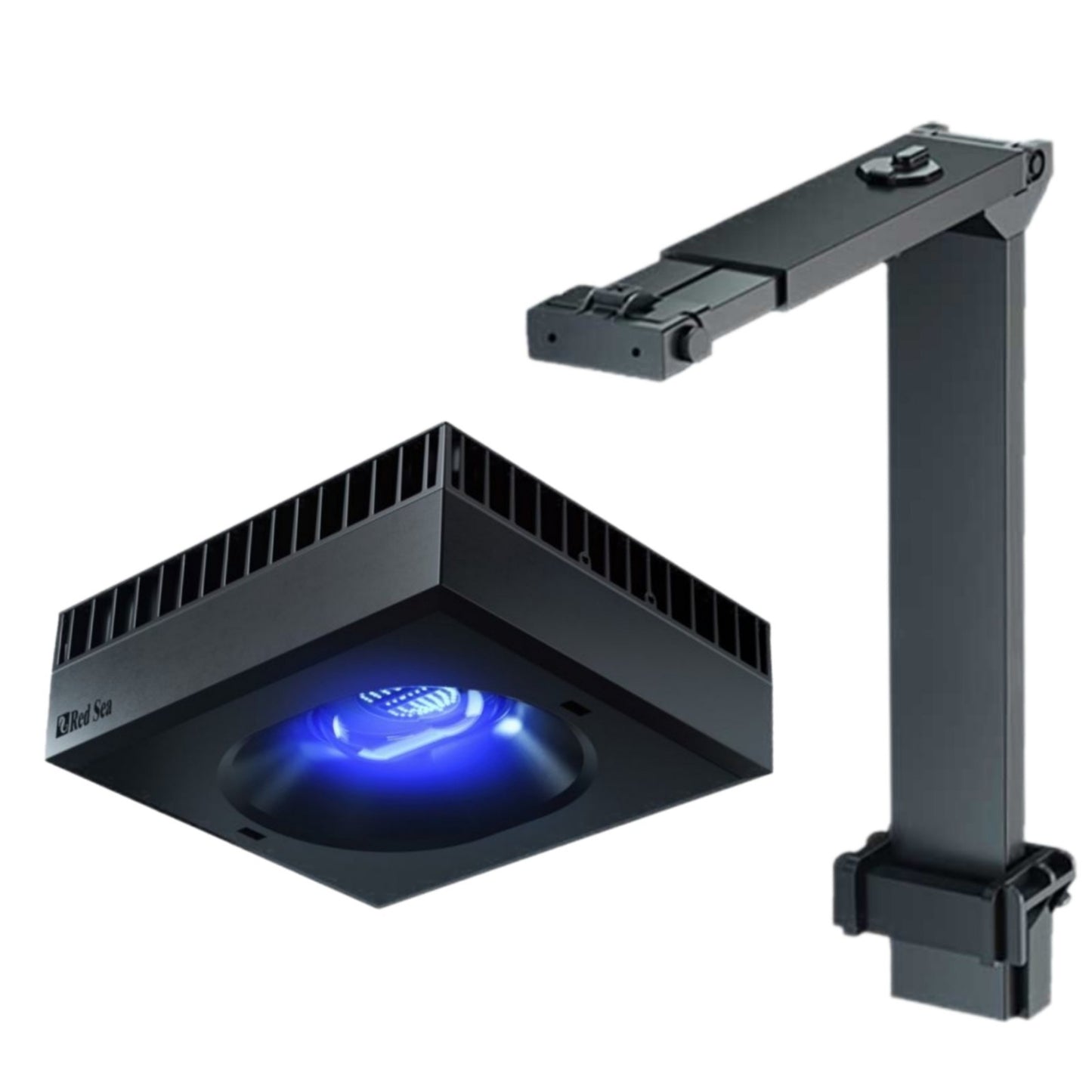 A black square aquarium LED light fixture with a blue illuminated dome, shown alongside its adjustable mounting arm on a plain white background.
